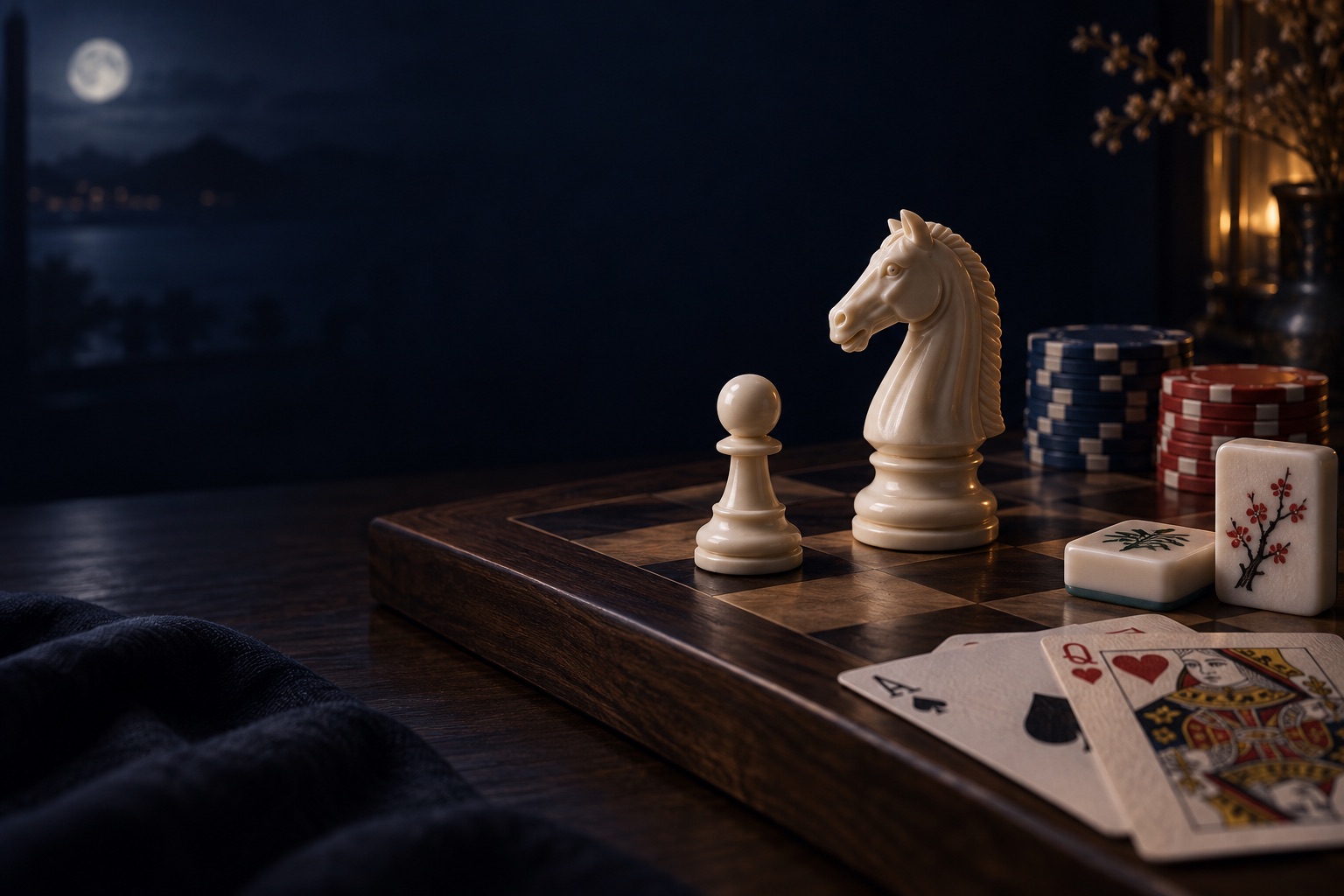 Ivory chess pieces, playing cards and mahjong tiles on a softly lit game table